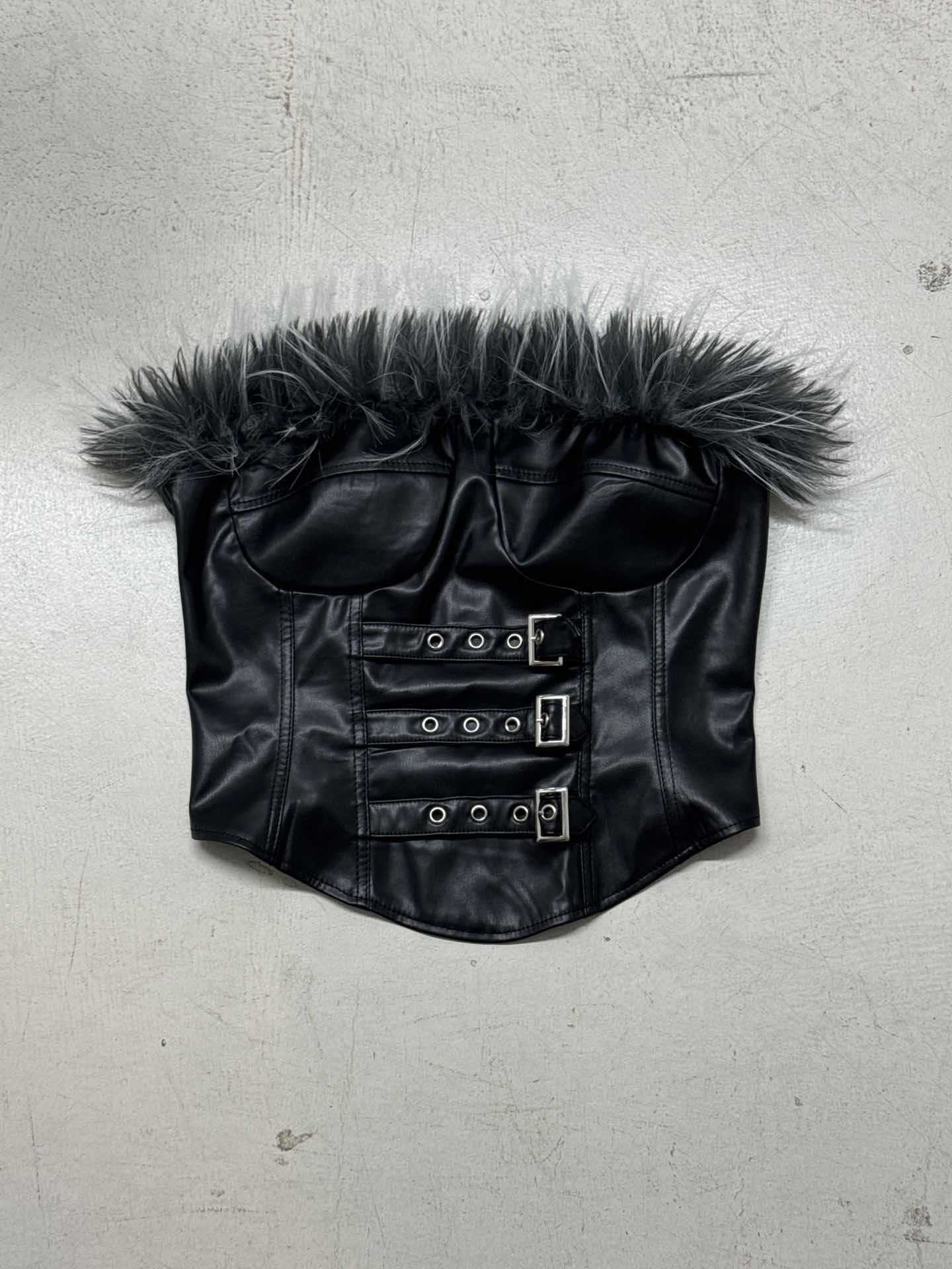 Sexy Mink Collar Leather Bustier with Metal Buckle and Splicing Design, Waist-Cinching Fitted Short Crop Top