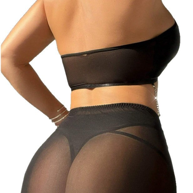 Sexy Cross-Tied Lingerie Set with Hollow-Out Design and Patent Leather Sleepwear