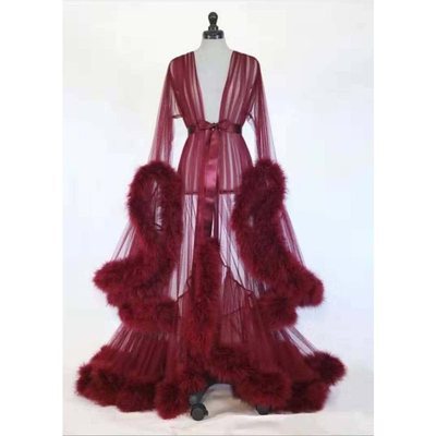 Sexy Lingerie Women's Sexy Feather Trumpet Sleeve Trailing Long Skirt Imitation Rex Rabbit Fur Sexy Nightdress Perspective Temptation Suit