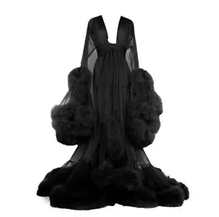 Sexy Lingerie Women's Sexy Feather Trumpet Sleeve Trailing Long Skirt Imitation Rex Rabbit Fur Sexy Nightdress Perspective Temptation Suit