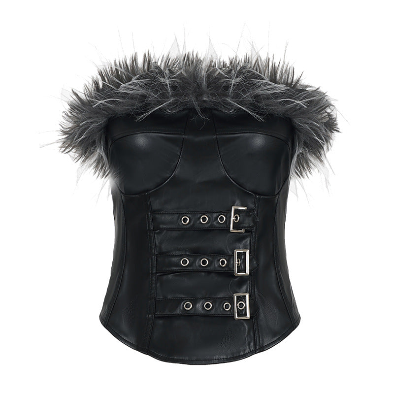 Sexy Mink Collar Leather Bustier with Metal Buckle and Splicing Design, Waist-Cinching Fitted Short Crop Top